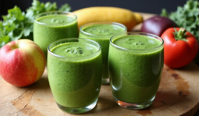 A close-up of vibrant green smoothies in glasses, surrounded by fresh fruits and vegetables, symbolizing healthy recipes.