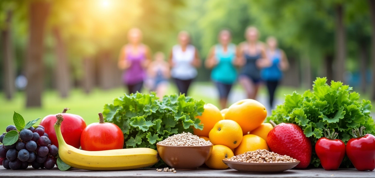 A vibrant display of fresh fruits, vegetables, and whole grains arranged artistically, with a blurred background of active people exercising outdoors, conveying health and vitality.